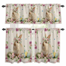 Easter Rabbit Kitchen Curtains & Valances Set – Watercolor Bunny, Eggs, Floral, Linen Texture, Rod Pocket, 27.5x36in, Compatible with Standard Rods