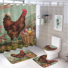 Hen Easter Egg Basket 4-Piece Shower Set: Curtain, Rug, Lid Cover & Non-Slip U-Mat – Farmhouse Holiday Decor