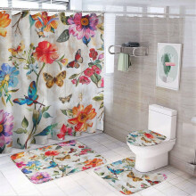 4Pcs Shower Curtain Set w/ Non-Slip Rug, Toilet Lid Cover & Bath Mat – Butterflies, Flowers, Dragonfly Vintage Design