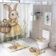 4-Pc Vintage Watercolor Easter Bunny Shower Set w/ Rug, Toilet Lid Cover & Bath Mat (72"x72") – Compatible with Standard Bathtubs