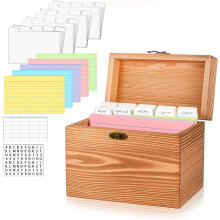 Wooden 4x6 Index Card Holder Recipe Box w/ 100 Flash Cards, 30 Dividers, Stickers – Compatible with Standard 4x6 Cards