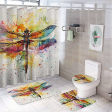 4-Pc Dragonfly Watercolor Shower Curtain Set with Rugs, 72"x72", Bathtub Decor