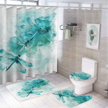 4-Pc Blue Dragonfly Bathroom Rug Set w/ Non-Slip Mats, Shower Curtain, Toilet Lid Cover & Bath Mat – Farmhouse Botanical Art