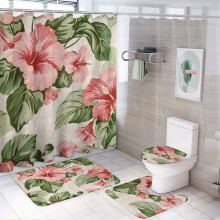 Green Tropical Flower Shower Curtain Set (4pc) w/ Rug, Toilet Lid Cover & Non-Slip U-Shaped Mat – Waterproof, Hibiscus Design