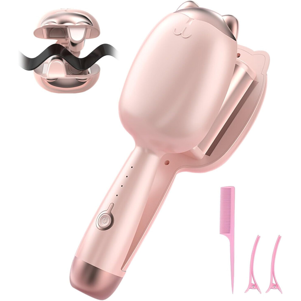 Mermaid Wave Hair Curler & Crimper, Double Barrel Waver Iron for Beachy Waves, Fast-Heating Ionic Ceramic, Cat-Ear Design, Pink