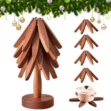 Wooden Tree-Shaped Foldable Trivets Set – Walnut, 4-Pc Natural Wood Hot Dish Holders, Compatible with Kitchen Countertops