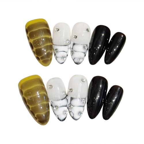 (M) Elegant Black White Almond False Nails for DIY