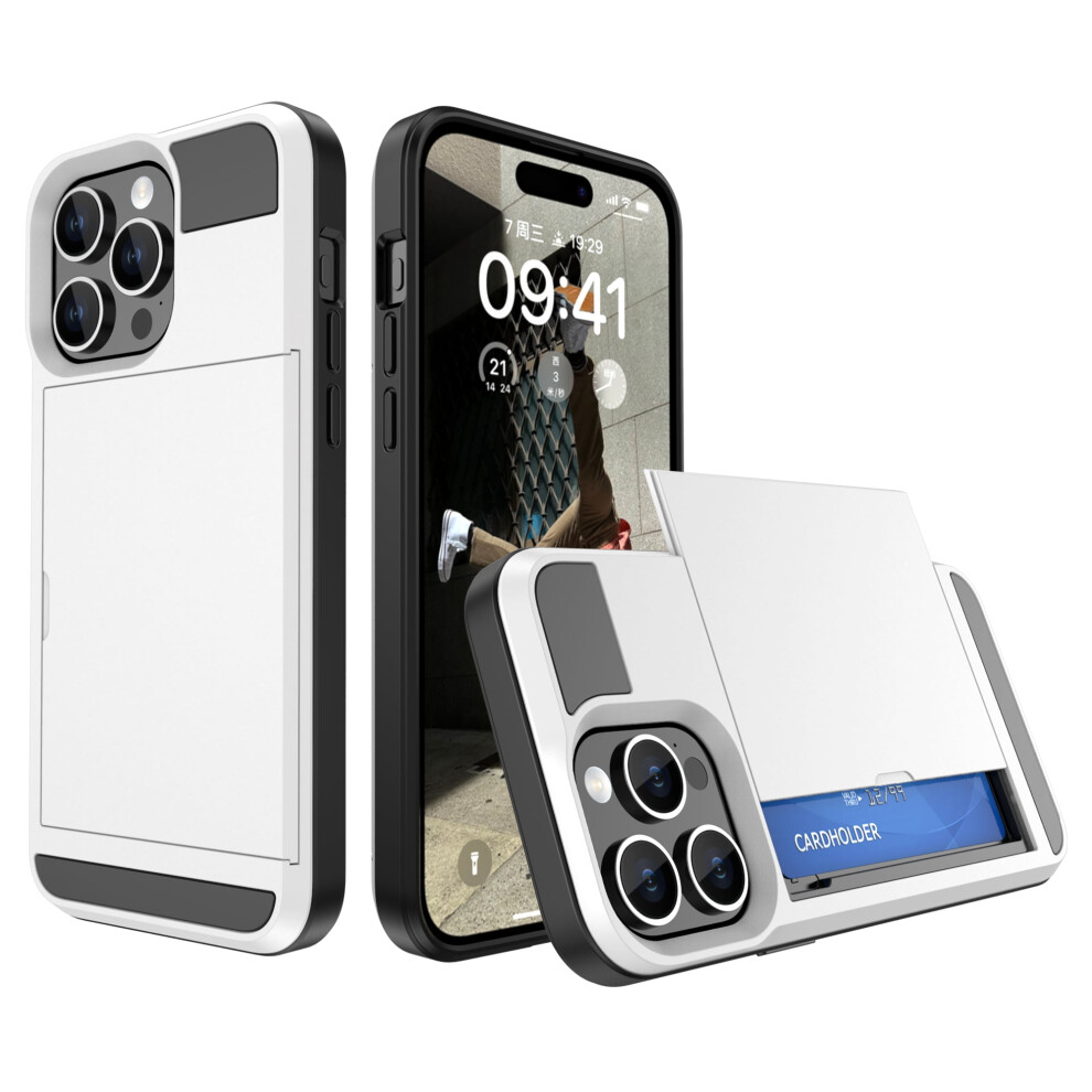 Iphone 14 Case With Id Credit Card Holder, Dual-Layer Shockproof Slim Hard Shell Â White 9130661152488