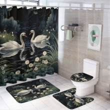 4-Pc Shower Curtain Set w/ Rug, Toilet Lid Cover & Non-Slip U-Shaped Mat – White Swan Cartoon Design, Waterproof & Durable, Compatible with Standard