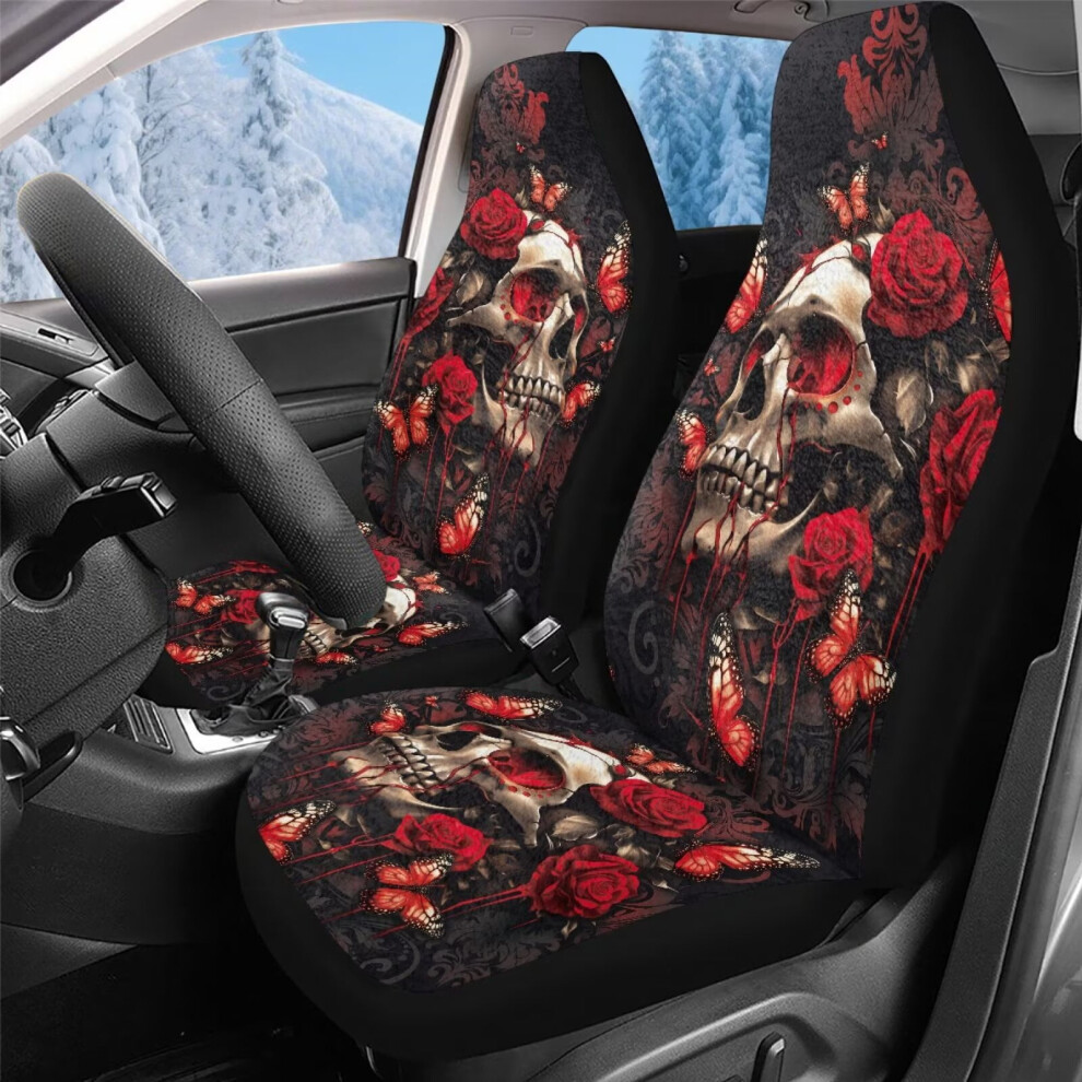 Rose Skull High-Back Bucket Seat Covers 2Pcs Red 9043876533150