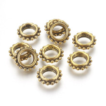 20 cuentas de aleación estilo tibetano, libres de plomo y cadmio, rondel dorado antiguo, 13,5 mm de diámetro, 4,5 mm de grosor, orificio: 7 mm.