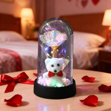 Rose éternelle en forme de cœur (8,5 x 15,5 cm) et adorable figurine d'ourson en peluche - Décoration romantique pour la maison, à poser sur un