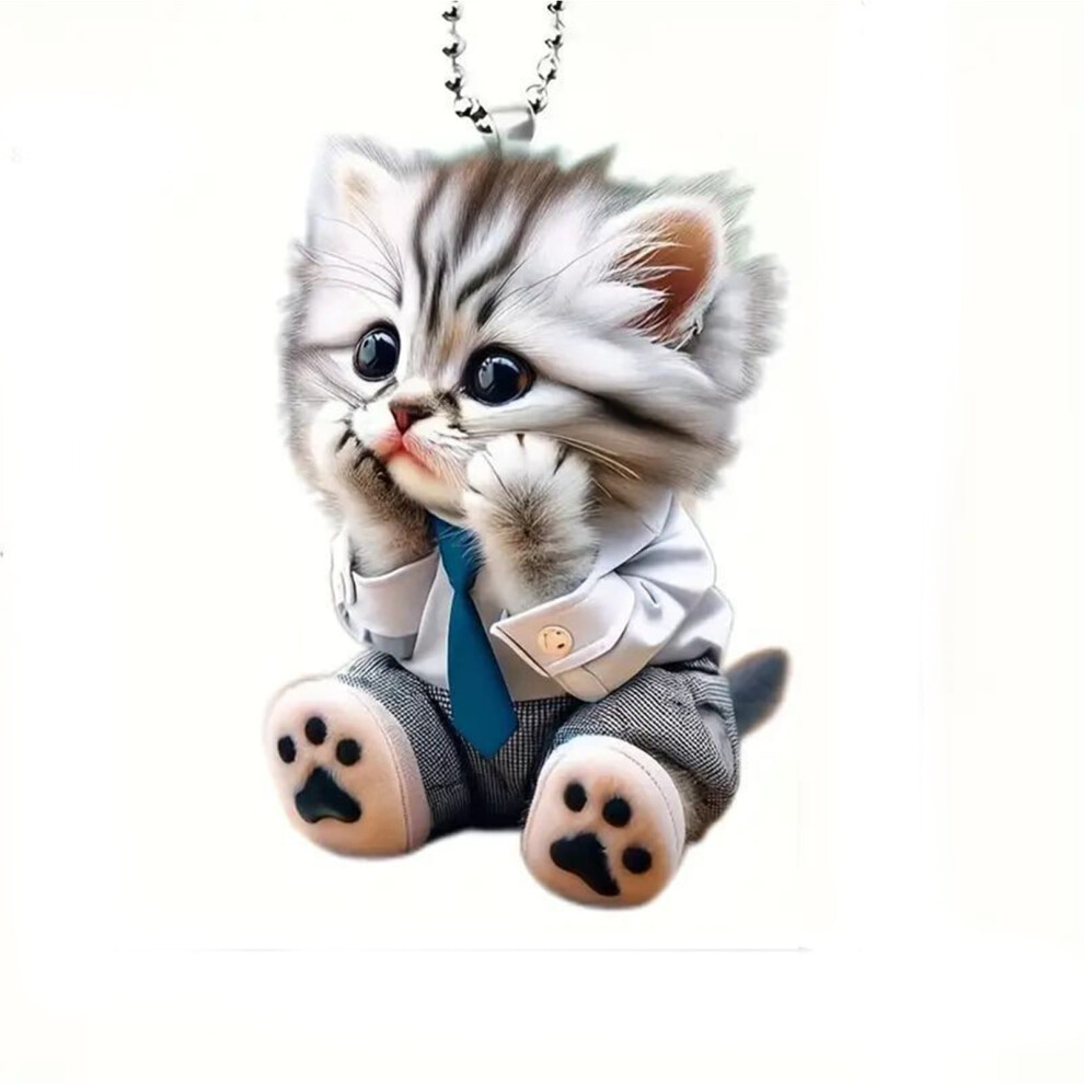 2D Flat Cat Car Rear View Mirror Charm,Acrylic Cute Plush Cat Car Hanging Ornament For Car Interior,Christmas Tree Decor 9165521911493