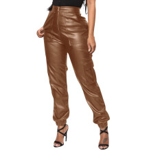 Damen-Jogginghose aus Kunstleder mit hohem Bund, Taschen, Khaki, Größe L – Geeignet für Freizeitkleidung