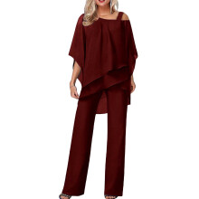 Elegantes zweiteiliges Chiffon-Outfit für Damen: Halbärmeliges, einfarbiges Set mit asymmetrischem Schnitt, Rüschenbluse und weit geschnittener
