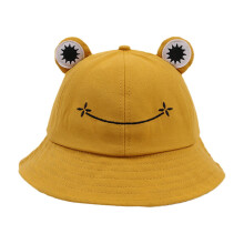 Cappello da pescatore per bambini e adulti con simpatico design a rana, protezione solare, ideale per attività all'aperto, colore giallo.