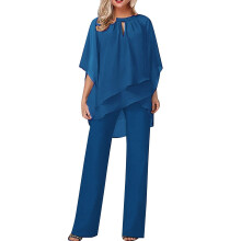 Elegant Ruffle2Piece Set Dam Enfärgat Löst Oregelbundet Set Casual Byxdräkt med Kortärmad Chiffongblus med Volang (Blå, S)