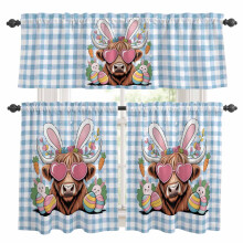 Easter Kitchen Curtains & Valances Set – Cartoon Rabbits, Eggs, Carrots, Blue Plaid, Rod Pocket, 27.5x24in, for Living Room/Bedroom/Laundry