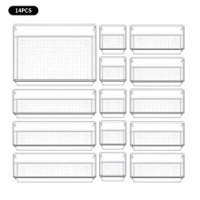 7/14 Pcs Clear Plastic Drawer Organizers Set - Stackable Desk & Dresser Storage Bins for Makeup, Jewelry, Office Supplies