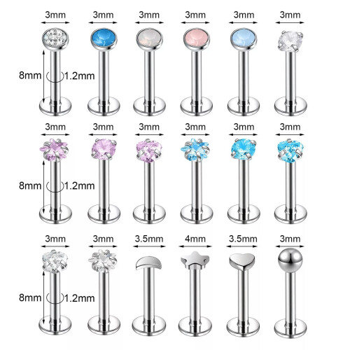 18 τεμάχια/παρτίδα καρφιά Labret από ανοξείδωτο ατσάλι, τρυπώντας τα χείλη Labret 16 γρ. CZ, 1