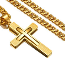 Men Cross Pendant Necklace Stainless Steel Crucifix Curb Chain Gold Black Silver-Gold-22inch or 55cm