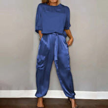 Damenanzüge, 2-teilige Outfits, elegante Hosenanzüge für eine Hochzeit, lässige, asymmetrische Satin-Hosensets mit weitem Bein (Blau, XXXL)