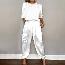 Damenanzüge, 2-teilige Outfits, elegante Hosenanzüge für eine Hochzeit, lässige, asymmetrische Satin-Hosenanzüge mit weitem Bein (Weiß, XXL)