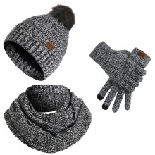 Gray Ladies Thermal Knitted Set With Hat Scarf And Gloves For Cold Weather Comfort And Casual Wear Crafted From Acrylic Material For Winter Seasons