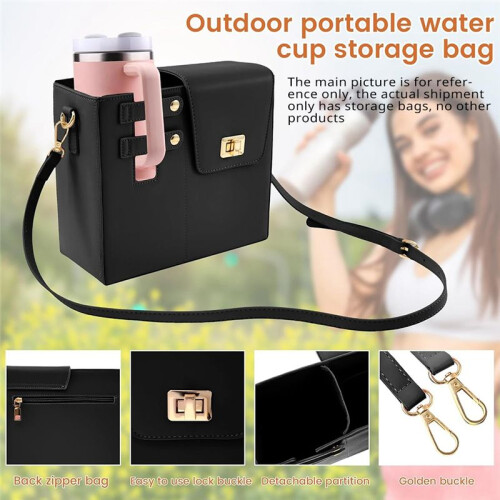 Leather Crossbody Water Cup Storage Bag with Adjustable Shoulder Strap Brown 1