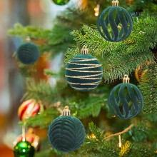 Boules de Noël floquées de 6 cm, améliorées, à suspendre, en plastique pailleté, ensemble de six décorations pour sapin de Noël.