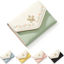 Girls Floral Print Wallet Small Aesthetic Trifold Wallet PU Leather Cash Pocket ID Window Card Holder Women/Green