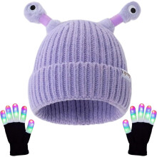 Winter Parent-Child Cute Glowing Little Monster Knit Hat with Light Up Gloves