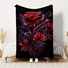Luxury Red Rose Flannel Shawl Blanket – Soft, Warm & Comfortable for Sofa, Bed, Travel, Office; HD Print, Great Gift