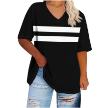 T-shirts grande taille pour femmes, coupe ample, manches courtes, col V, color block, hauts d'été 2025Fashion