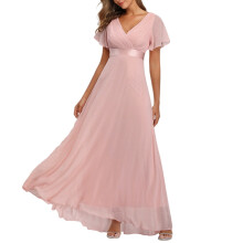 Robe de bal rose en mousseline sans bretelles, coupe trapèze, pour femme – Robe de demoiselle d'honneur et de soirée à volants, idéale pour les