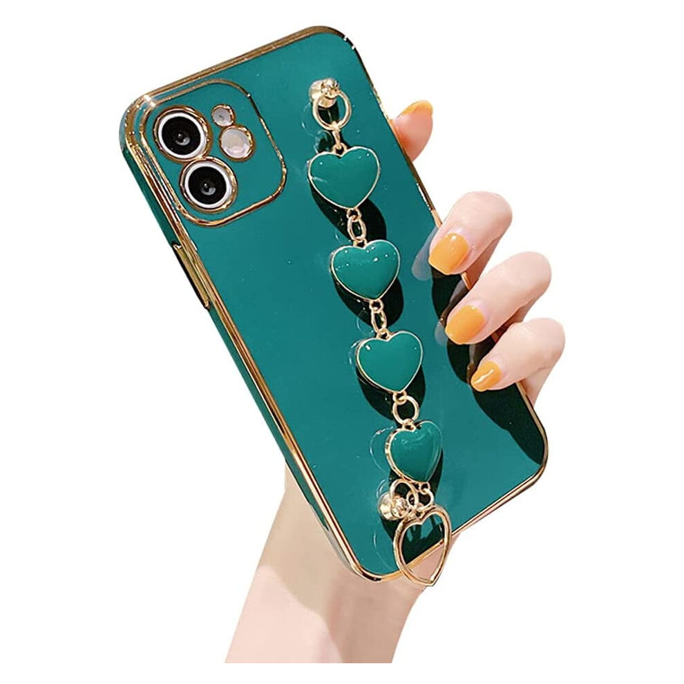 Gold Electroplated Outline Tpu Phone Case + Hearts Chain, Compatible With Iphone 12 Pro Max Â Scratch-Resistant & Shockproof, Gem Green Green,Gold 9065194462295