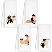 Juego de 4 toallas de mano Coquette Bow Black Cat, regalos para mamás amantes de los gatos, lindas toallas de mano con gatitos negros para el baño,