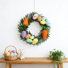 Mini-Osterkranz (14 cm), Tannennadelgirlande mit bunten Eiern und Karotten, Wanddekoration für die Haustür – perfekt für Frühlingsfeste und