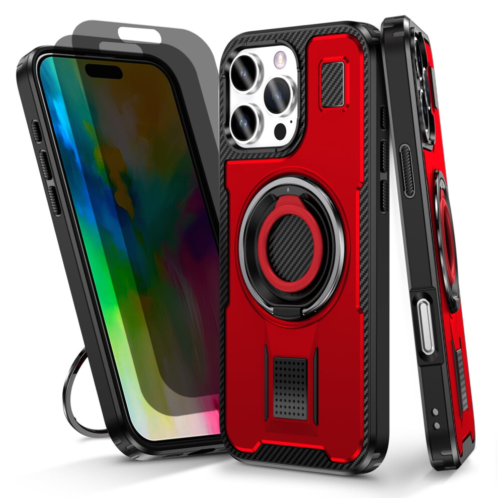 Iphone 16 Pro Case With 2-Pack Privacy Screen Protectors, Shockproof & Anti-Fingerprint, 360 Rotatable Ring Stand Â Red 974856492909