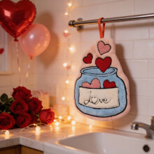 Valentine's Day Hanging Hand Towels, Coral Fleece Love-Themed (Heart, Wine Glass, Jar, Balloon), Absorbent & Quick-Drying, Kitchen/Bathroom Decor