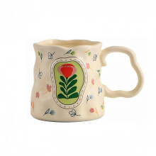 High End Floral Irregular Ceramic Mug, Cute Flower Coffee Cup with Big Handle, Handmade Milk Breakfast Mug, for Tea, Kitchen or Cafe, Gift for Her