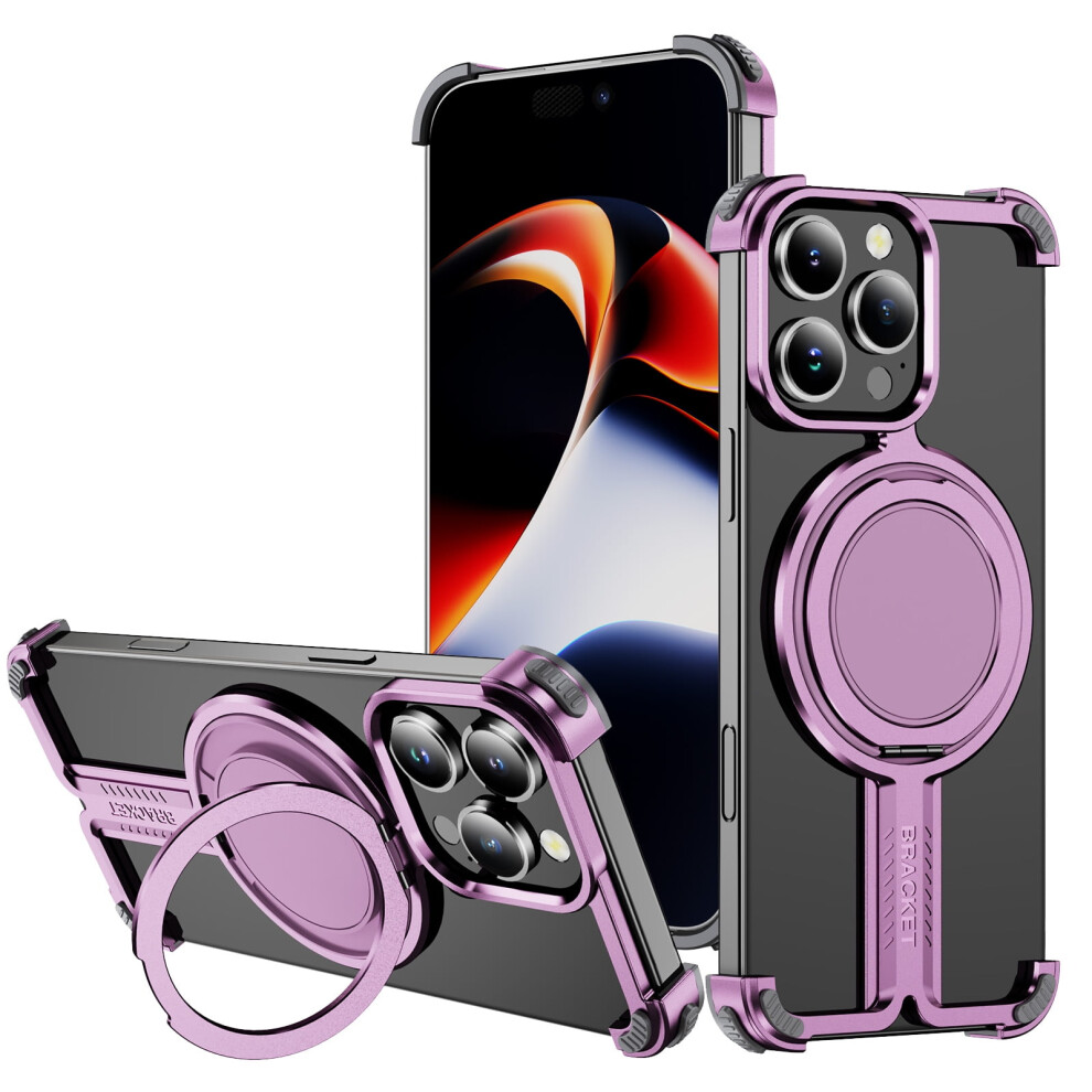 For Compatible With Iphone 16 Pro Max Frameless Metal Case Magsafe Metal Cover Magnetic Bumper 360 Rotation Stands,Slim Shockproof, Pink 974856492848