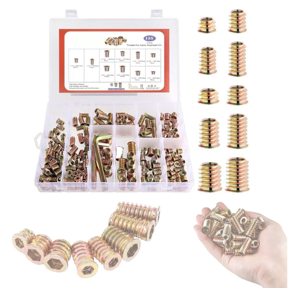 188-Piece Hex Socket Nuts & Allen Wrench Set With 1/4-20 Threaded Inserts, Bolt Fasteners, Hex Spanner Â For Wood Furniture 9087558643713