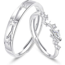 Dainty Star Promise Rings Set – S925 Sterling Silver CZ Couple Adjustable Open Band, Compatible with Him & Her, Anniversary Jewelry Gift