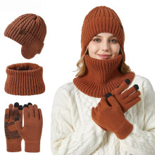 Unisex 3 Pieces Winter Beanie Hat Scarf Touch Screen Gloves Set, Thick Warm Knit Skull Cap Fleece Lined Scarves Gifts for Women Men