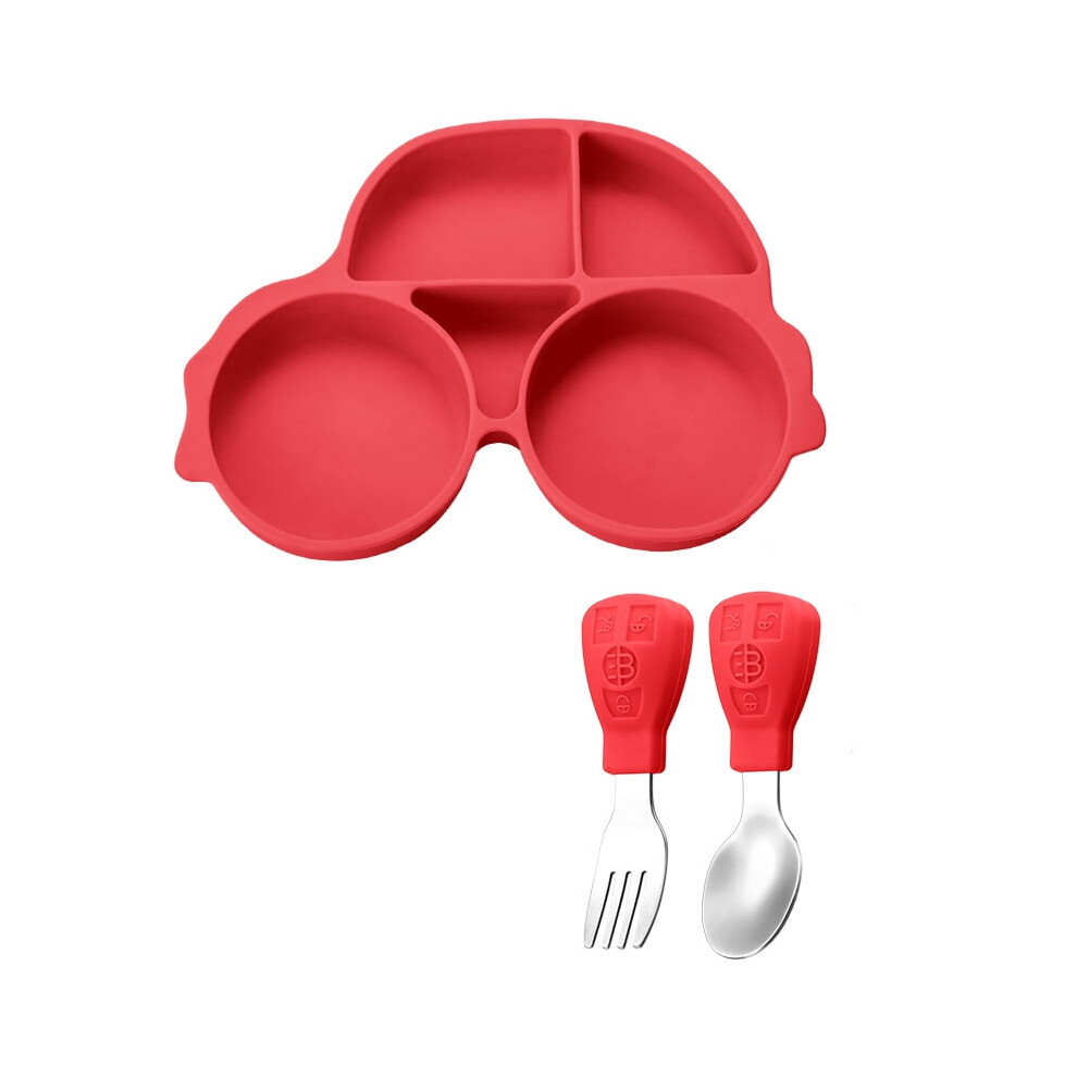 Car-shaped silicone divided plate with stainless steel spoon & fork set, compatible with toddler feeding