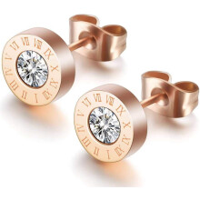 Stainless Steel Round Shape Cubic Zircon Roman Numbers Stud Earrings