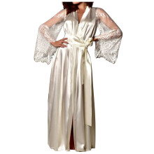Ladies Lace Dressing Gown Women Long Silk Robe Maxi Satin Robes V Neck Nightdress With thong Long Sleeve Bathrobe White S