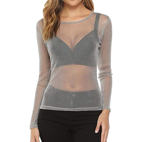 Damen-Langarmtop aus transparentem Mesh, Grau, Größe M
