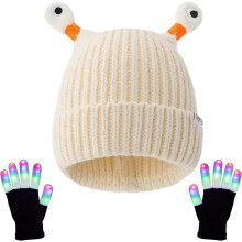 Gorro de tricô infantil fofo com monstrinho brilhante e luvas que acendem, perfeito para pais e filhos.